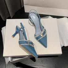 Load image into Gallery viewer, Navy blue belt buckle denim rhinestone slingback high heels pointed toe sandals
