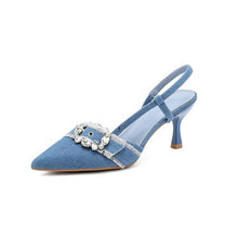 Load image into Gallery viewer, Navy blue belt buckle denim rhinestone slingback high heels pointed toe sandals
