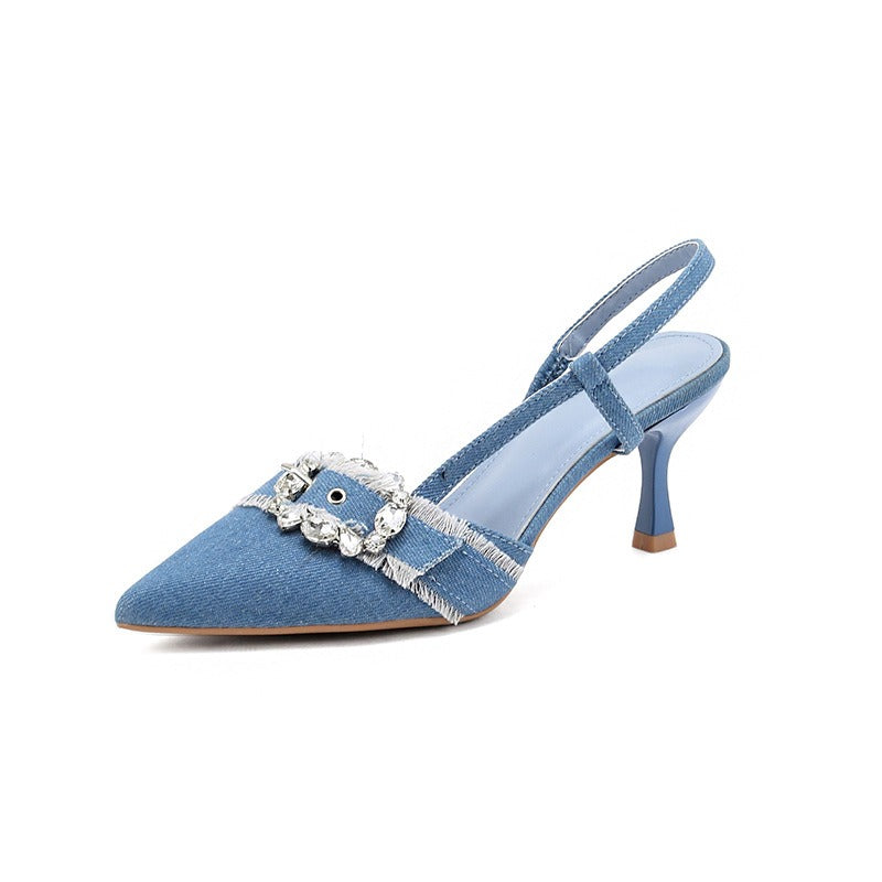 Navy blue belt buckle denim rhinestone slingback high heels pointed toe sandals