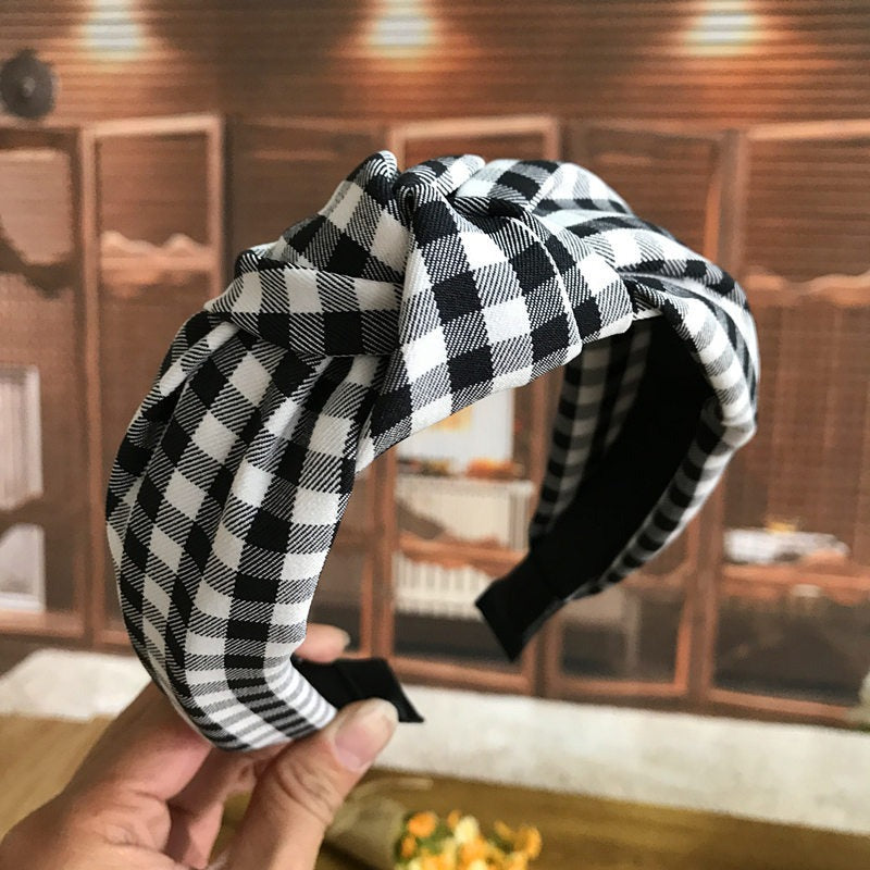 Retro middle knotted headband fabric plaid wide-brimmed hairband hairpin