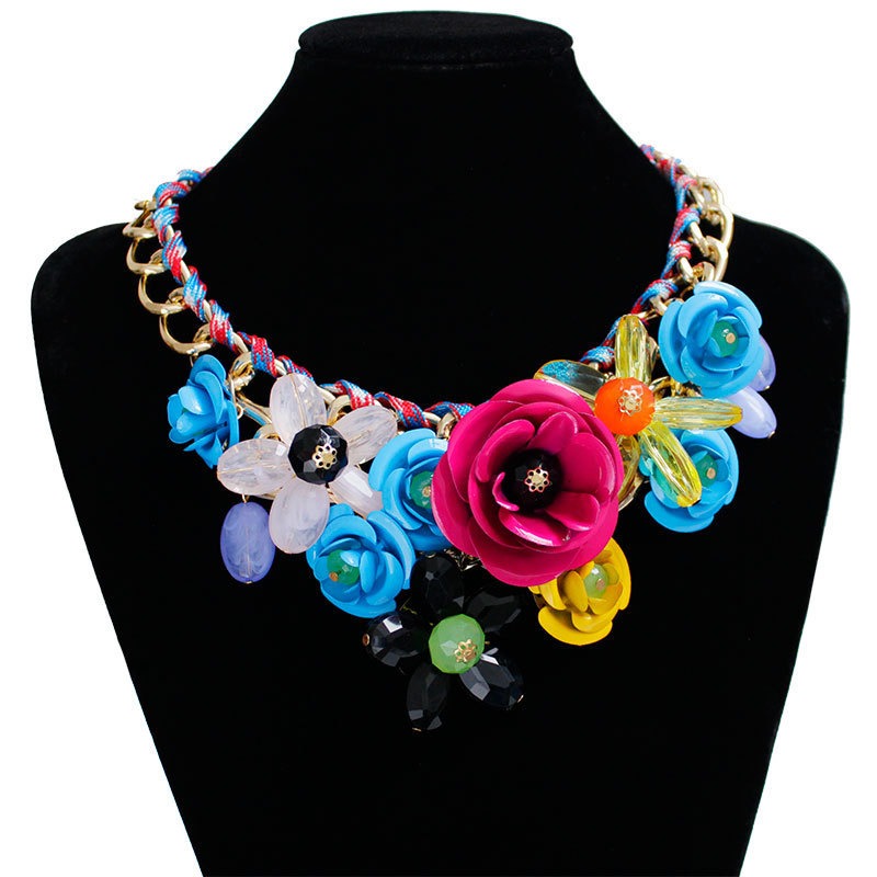 Colorful flower gemstone pendant rope braided necklace short clavicle exaggerated women's accessories necklace
