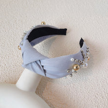 Load image into Gallery viewer, Fashionable denim blue rhinestone pearl knotted headband headband

