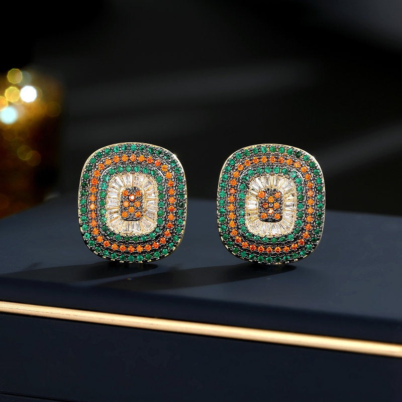 French retro earrings, light luxury, high-end micro-inlaid technology, geometric colored zirconium earrings