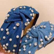 Load image into Gallery viewer, Fashionable denim blue rhinestone pearl knotted headband headband
