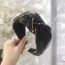 Load image into Gallery viewer, Imitation leather PU fabric beaded knotted wide-brimmed hair hoop headband for women with hair
